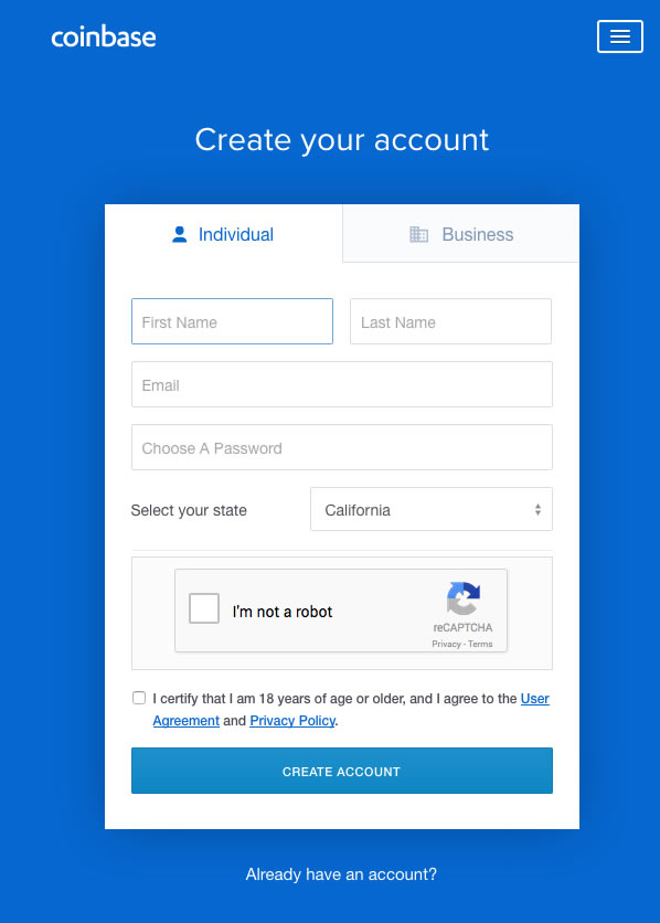 sign up at Coinbase