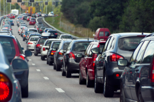 Traffic jam with rows of cars