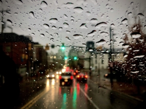 rainy street from dashcam point of view