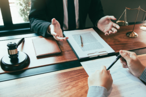 Lawyer in a meeting discussing a case